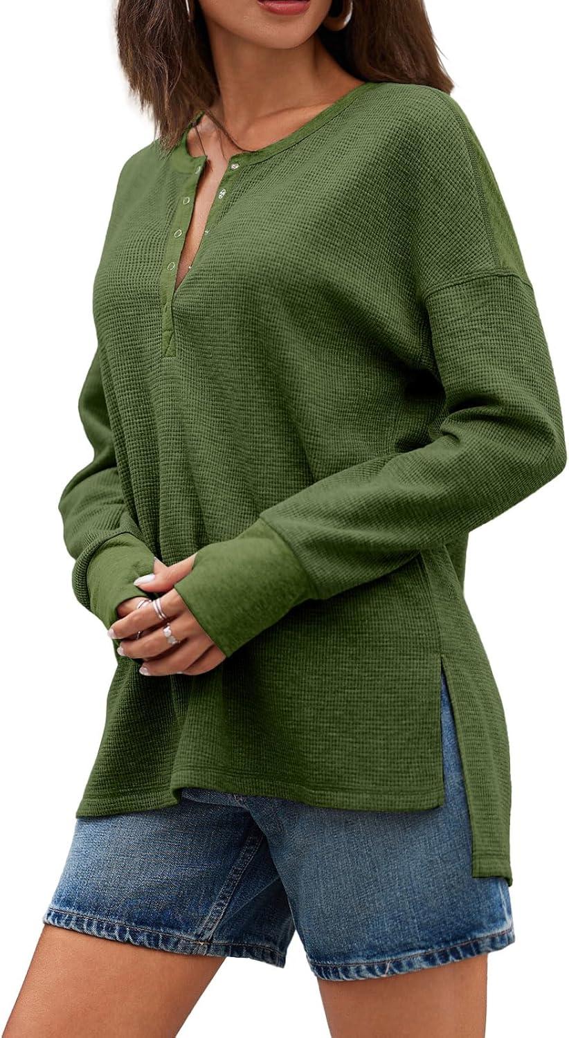 imageTankaneo Womens Long Sleeve Henley Shirts Deep V Neck Waffle Knit Tunic Tops with Thumb HoleGreen