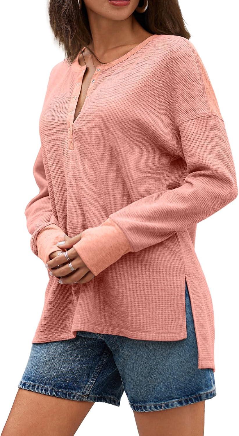 imageTankaneo Womens Long Sleeve Henley Shirts Deep V Neck Waffle Knit Tunic Tops with Thumb HolePink