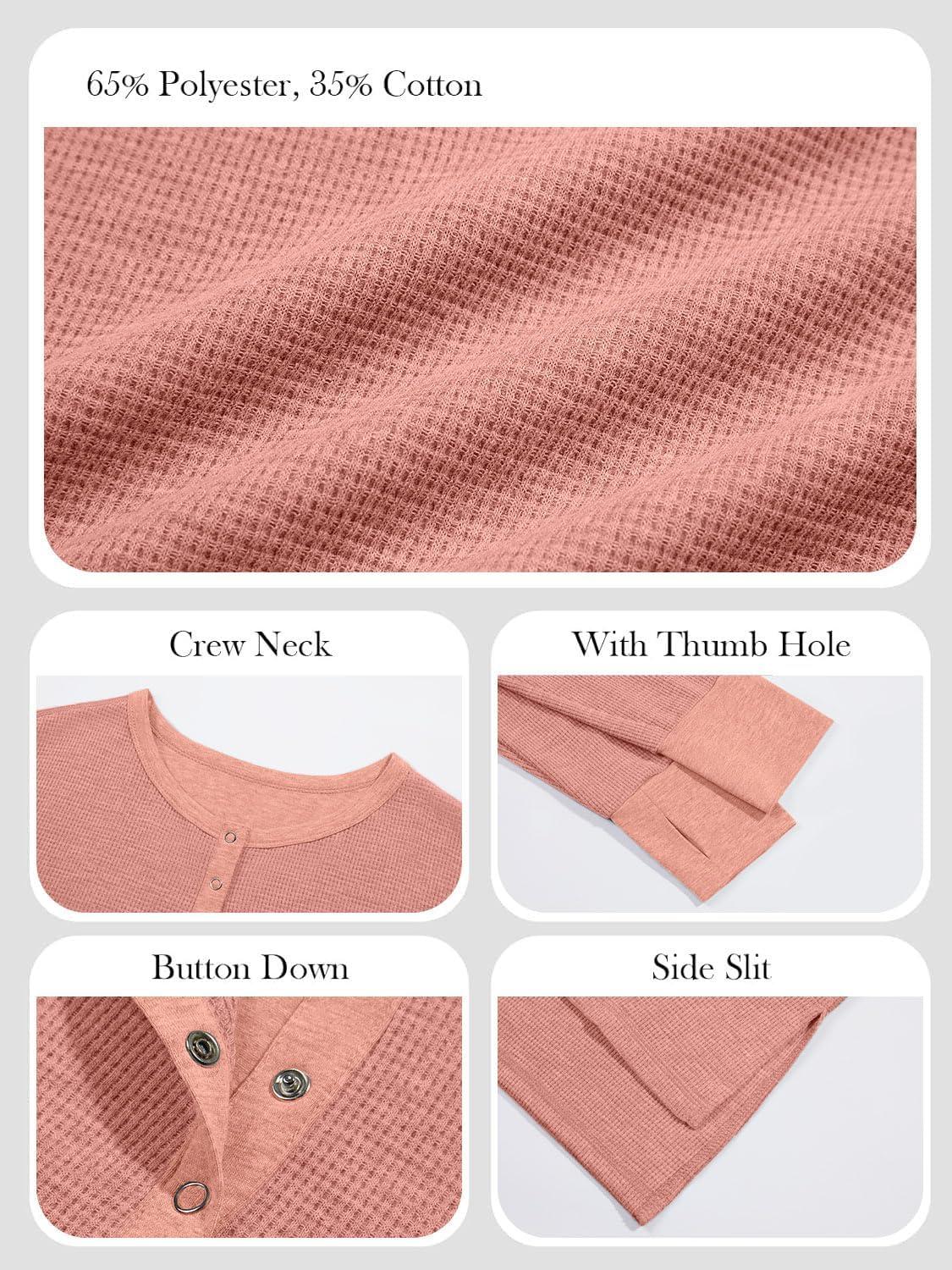 imageTankaneo Womens Long Sleeve Henley Shirts Deep V Neck Waffle Knit Tunic Tops with Thumb HolePink