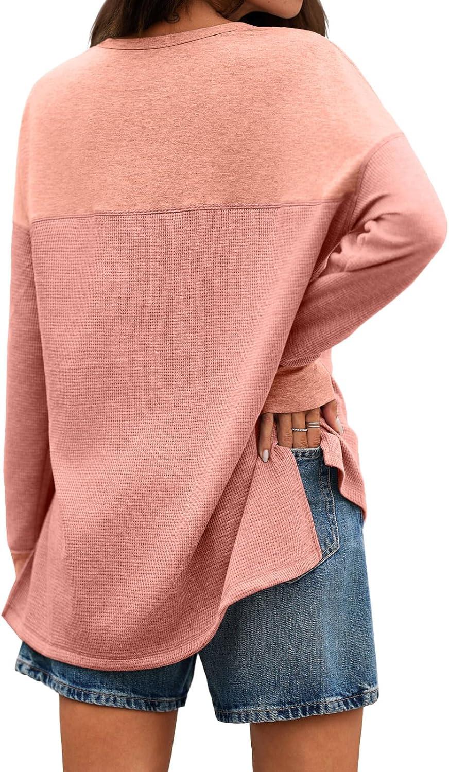 imageTankaneo Womens Long Sleeve Henley Shirts Deep V Neck Waffle Knit Tunic Tops with Thumb HolePink