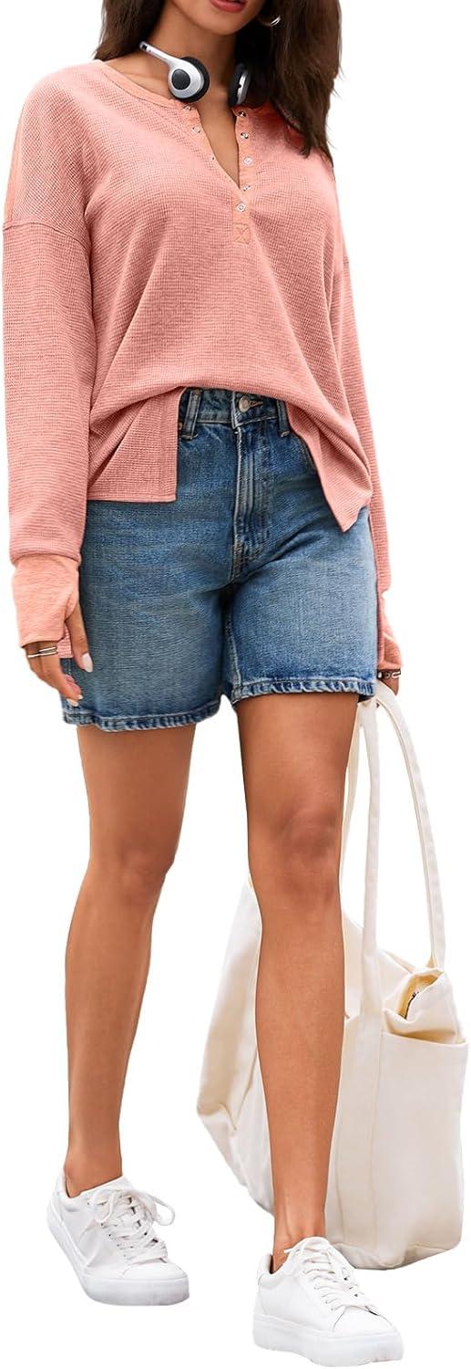 imageTankaneo Womens Long Sleeve Henley Shirts Deep V Neck Waffle Knit Tunic Tops with Thumb HolePink