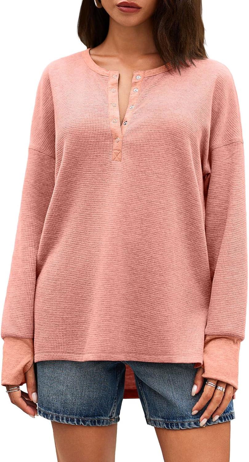 imageTankaneo Womens Long Sleeve Henley Shirts Deep V Neck Waffle Knit Tunic Tops with Thumb HolePink