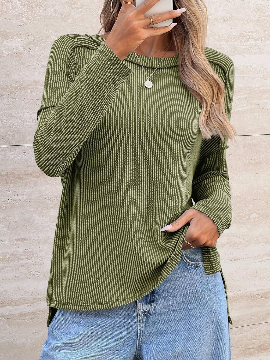 imageTankaneo Womens Long Sleeve Shirts Oversized Fall Ribbed Side Slit Tunic Tops Casual Textured Loose Fit Sweaters TeesArmy Green