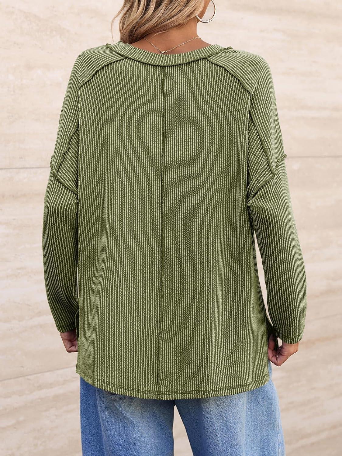 imageTankaneo Womens Long Sleeve Shirts Oversized Fall Ribbed Side Slit Tunic Tops Casual Textured Loose Fit Sweaters TeesArmy Green