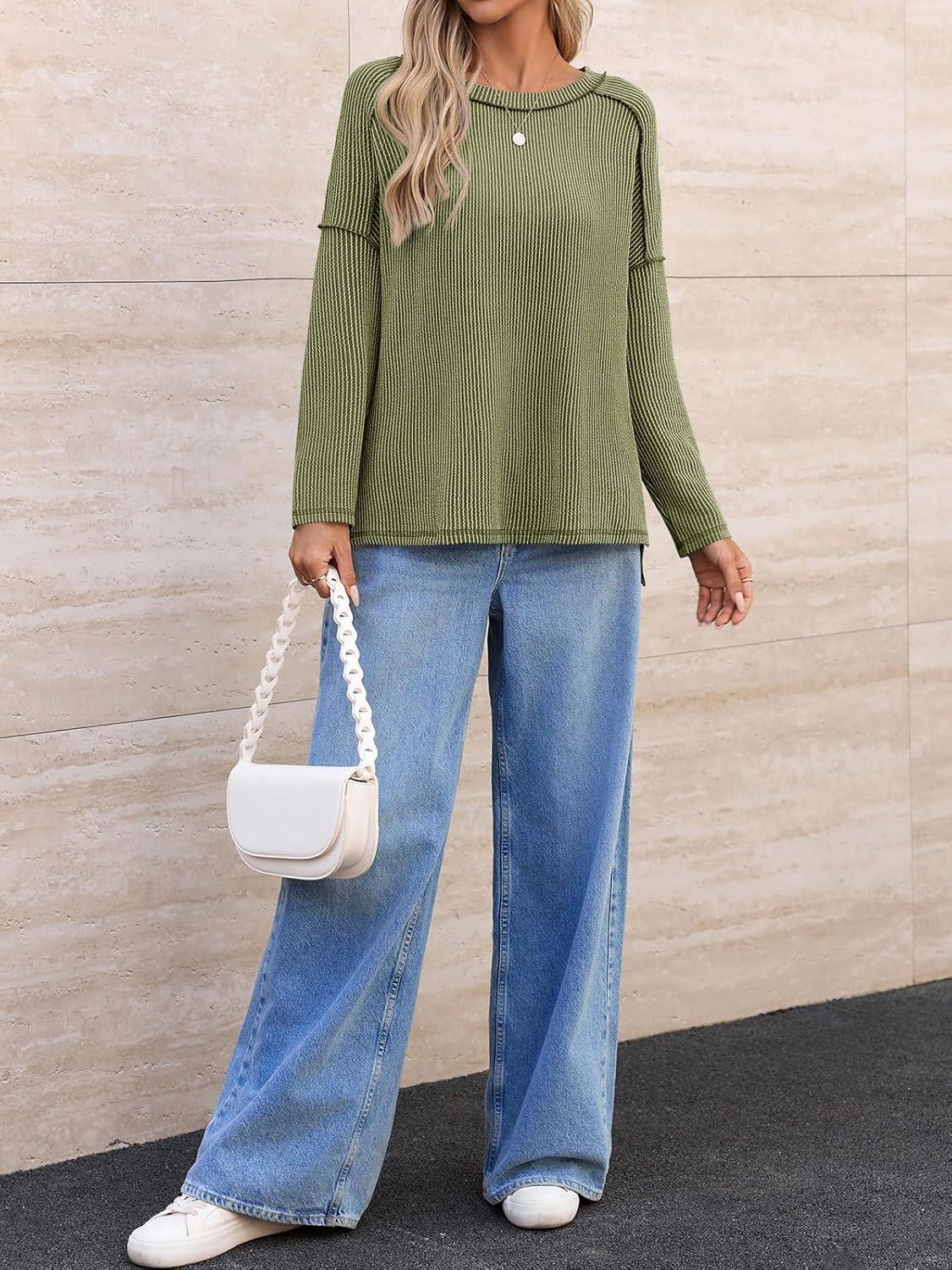 imageTankaneo Womens Long Sleeve Shirts Oversized Fall Ribbed Side Slit Tunic Tops Casual Textured Loose Fit Sweaters TeesArmy Green