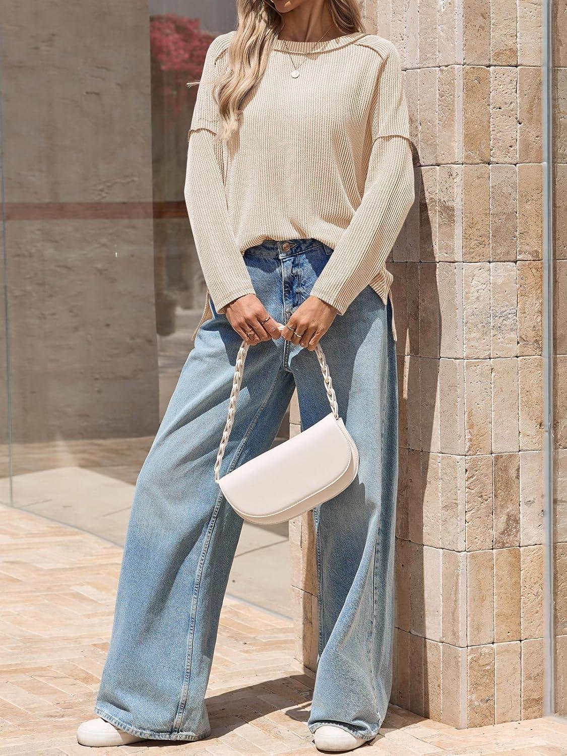 imageTankaneo Womens Long Sleeve Shirts Oversized Fall Ribbed Side Slit Tunic Tops Casual Textured Loose Fit Sweaters TeesKhaki