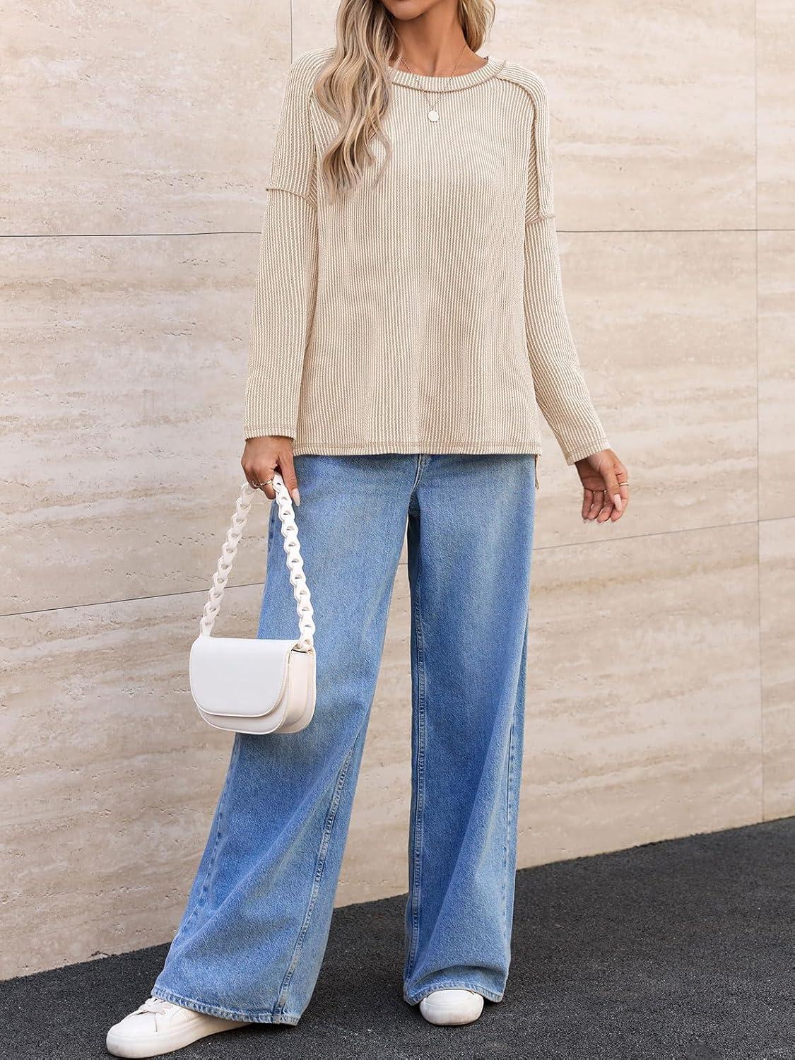 imageTankaneo Womens Long Sleeve Shirts Oversized Fall Ribbed Side Slit Tunic Tops Casual Textured Loose Fit Sweaters TeesKhaki