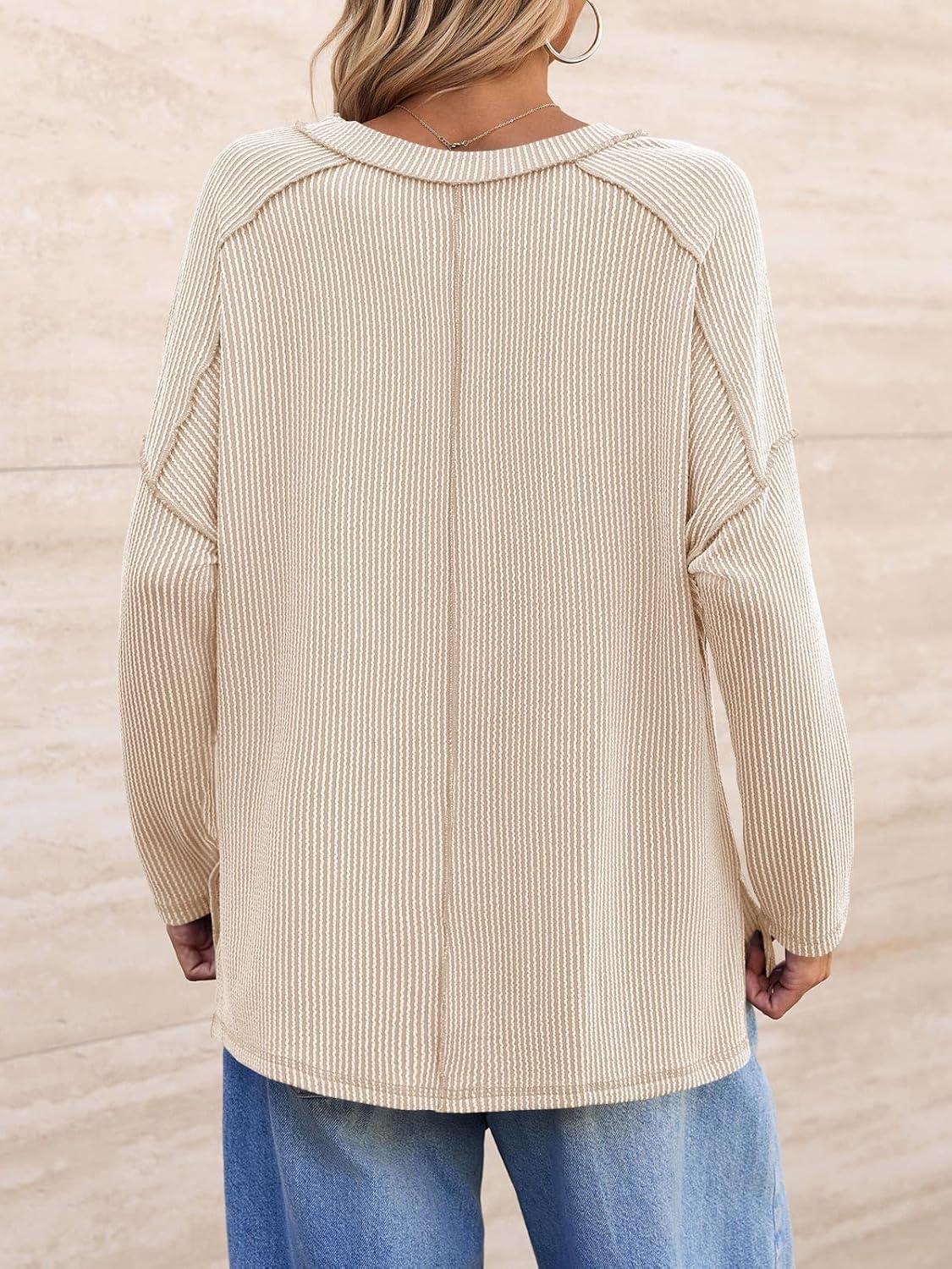 imageTankaneo Womens Long Sleeve Shirts Oversized Fall Ribbed Side Slit Tunic Tops Casual Textured Loose Fit Sweaters TeesKhaki