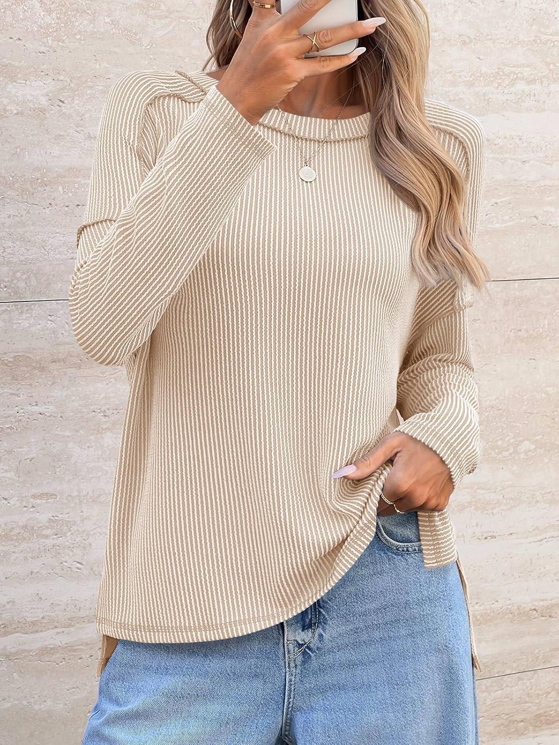 imageTankaneo Womens Long Sleeve Shirts Oversized Fall Ribbed Side Slit Tunic Tops Casual Textured Loose Fit Sweaters TeesKhaki