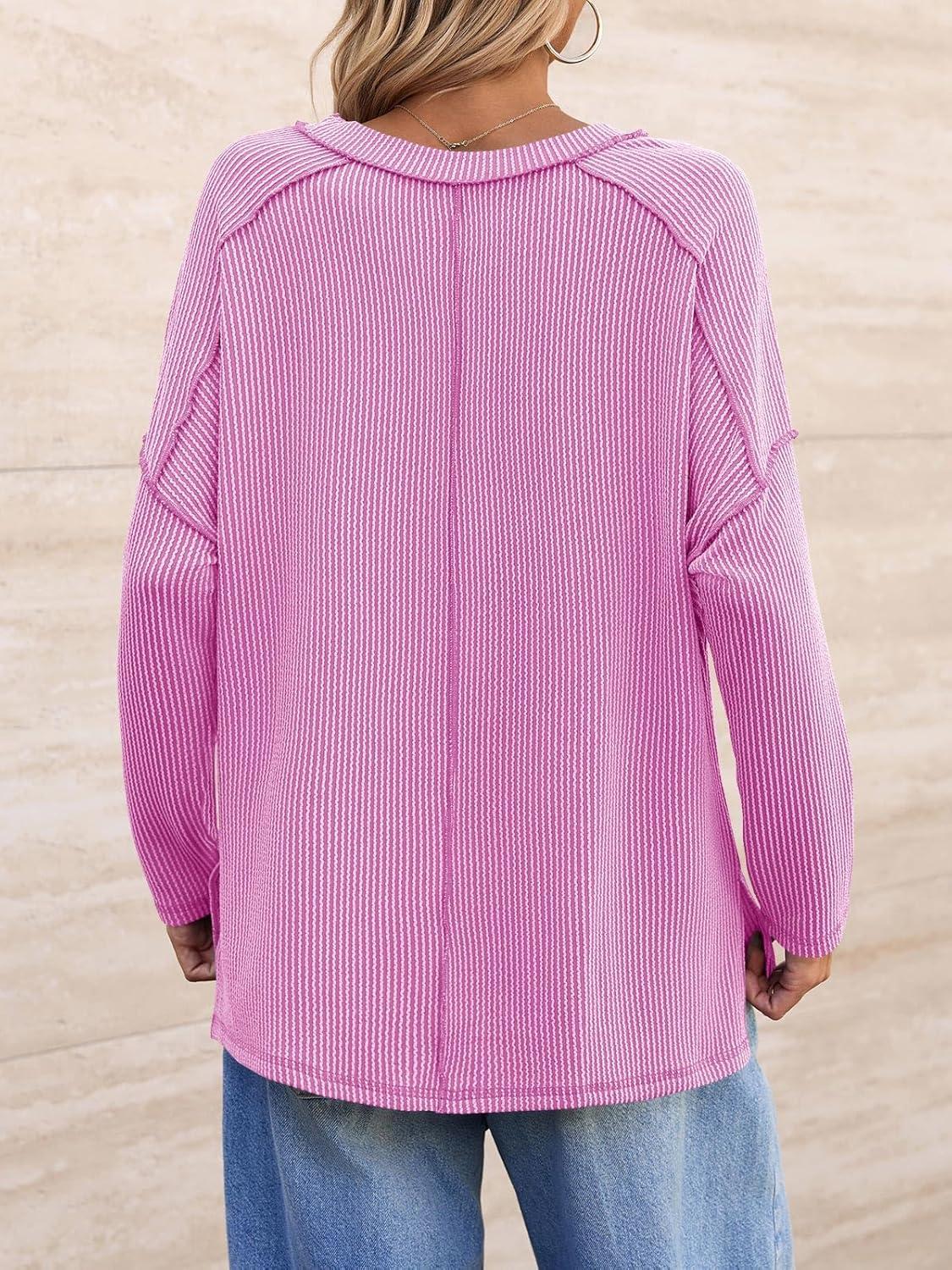 imageTankaneo Womens Long Sleeve Shirts Oversized Fall Ribbed Side Slit Tunic Tops Casual Textured Loose Fit Sweaters TeesPink