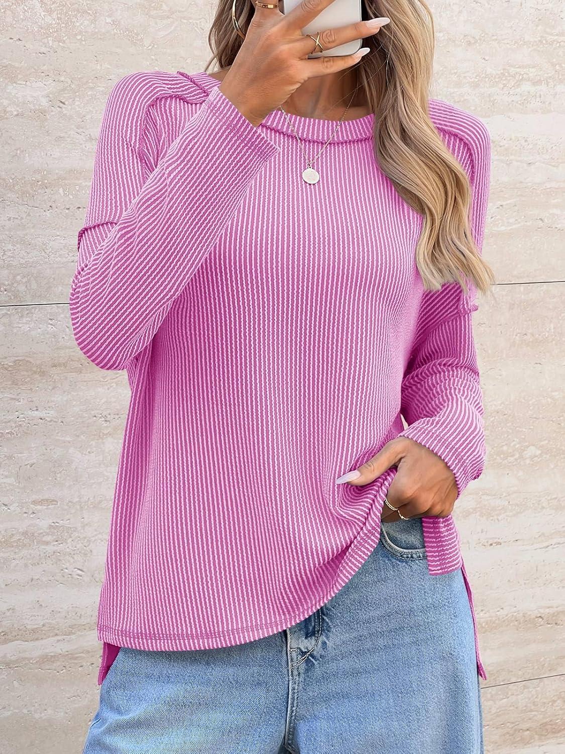 imageTankaneo Womens Long Sleeve Shirts Oversized Fall Ribbed Side Slit Tunic Tops Casual Textured Loose Fit Sweaters TeesPink