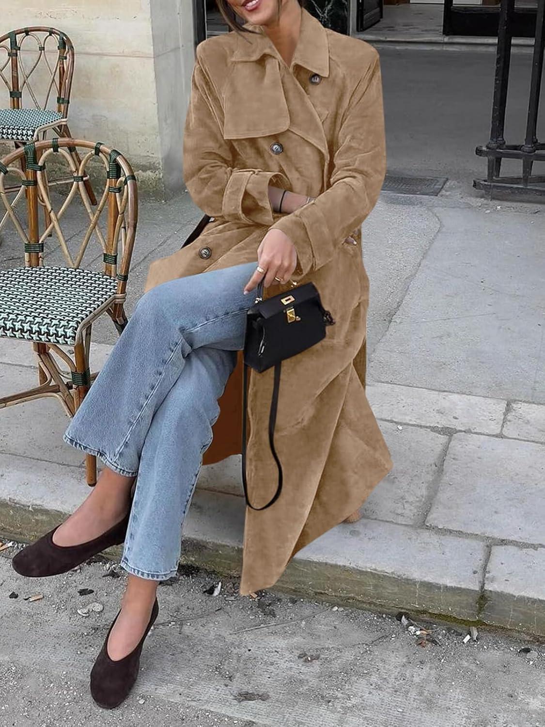 imageTankaneo Womens Long Trench Coat Fall Faux Suede Jackets Double Breasted Lapel Pea Coat with BeltKhaki