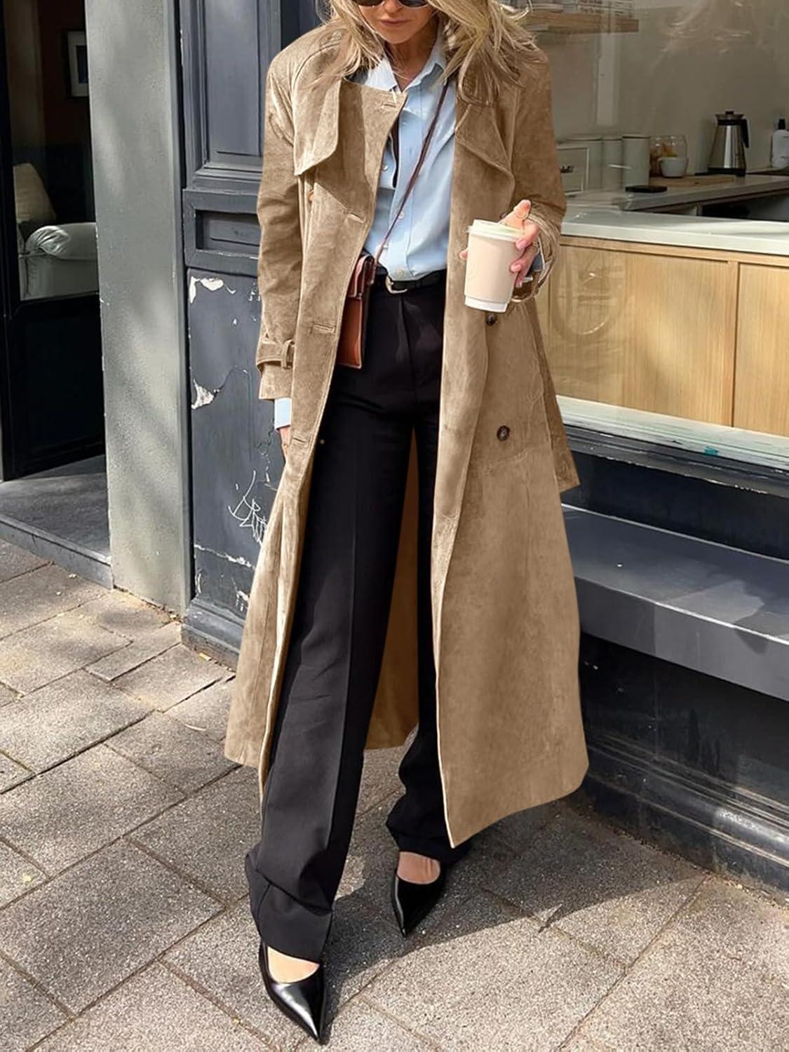 imageTankaneo Womens Long Trench Coat Fall Faux Suede Jackets Double Breasted Lapel Pea Coat with BeltKhaki