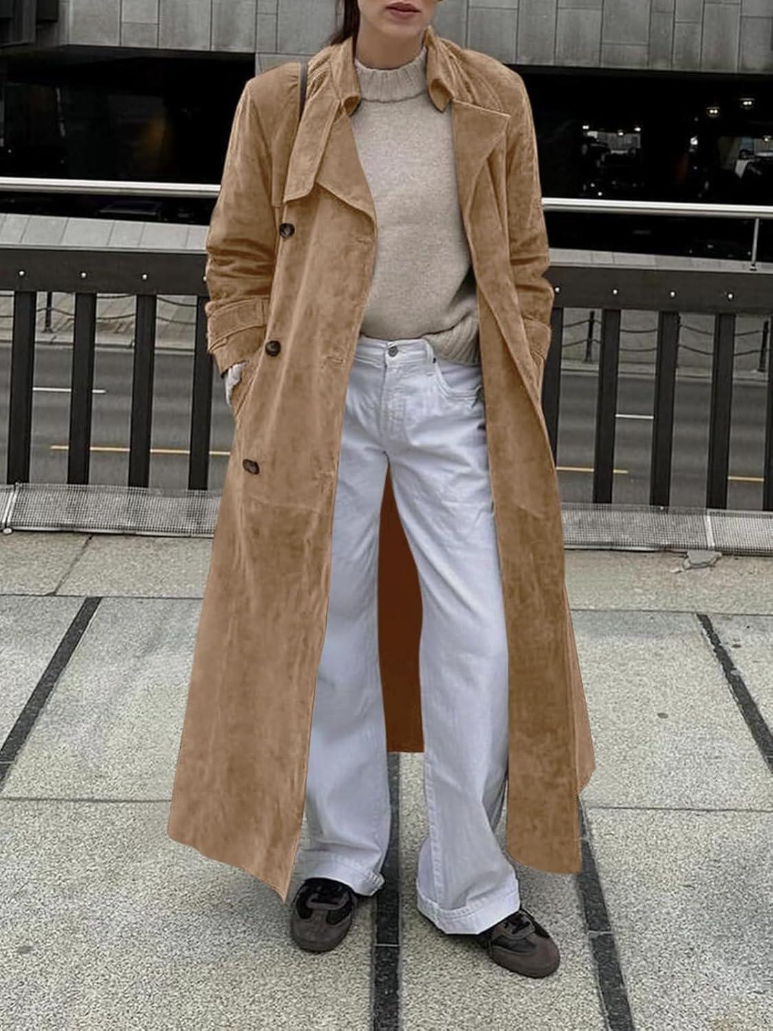 imageTankaneo Womens Long Trench Coat Fall Faux Suede Jackets Double Breasted Lapel Pea Coat with BeltKhaki