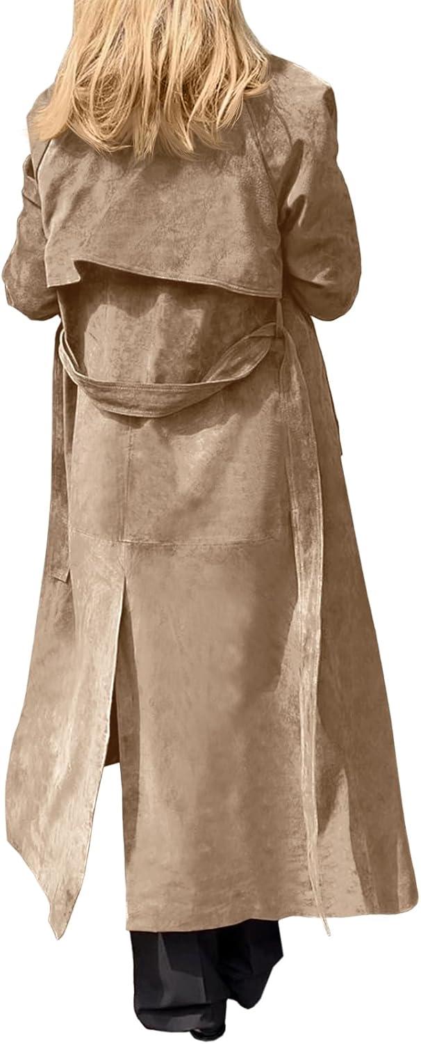 imageTankaneo Womens Long Trench Coat Fall Faux Suede Jackets Double Breasted Lapel Pea Coat with BeltKhaki