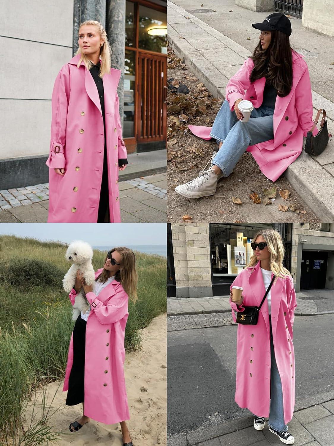 imageTankaneo Womens Long Trench Coat Oversized Double Breasted Windproof Classic Lapel Casual Fall OvercoatHot Pink