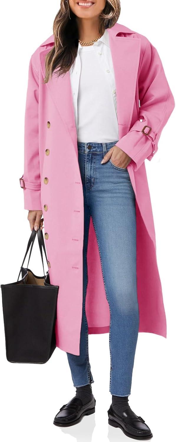 imageTankaneo Womens Long Trench Coat Oversized Double Breasted Windproof Classic Lapel Casual Fall OvercoatHot Pink