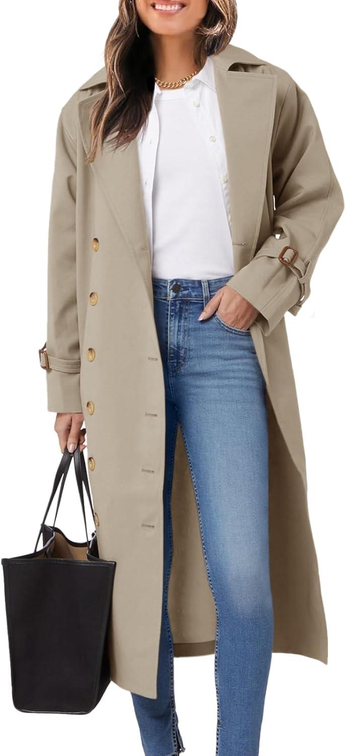 imageTankaneo Womens Long Trench Coat Oversized Double Breasted Windproof Classic Lapel Casual Fall OvercoatLight Khaki