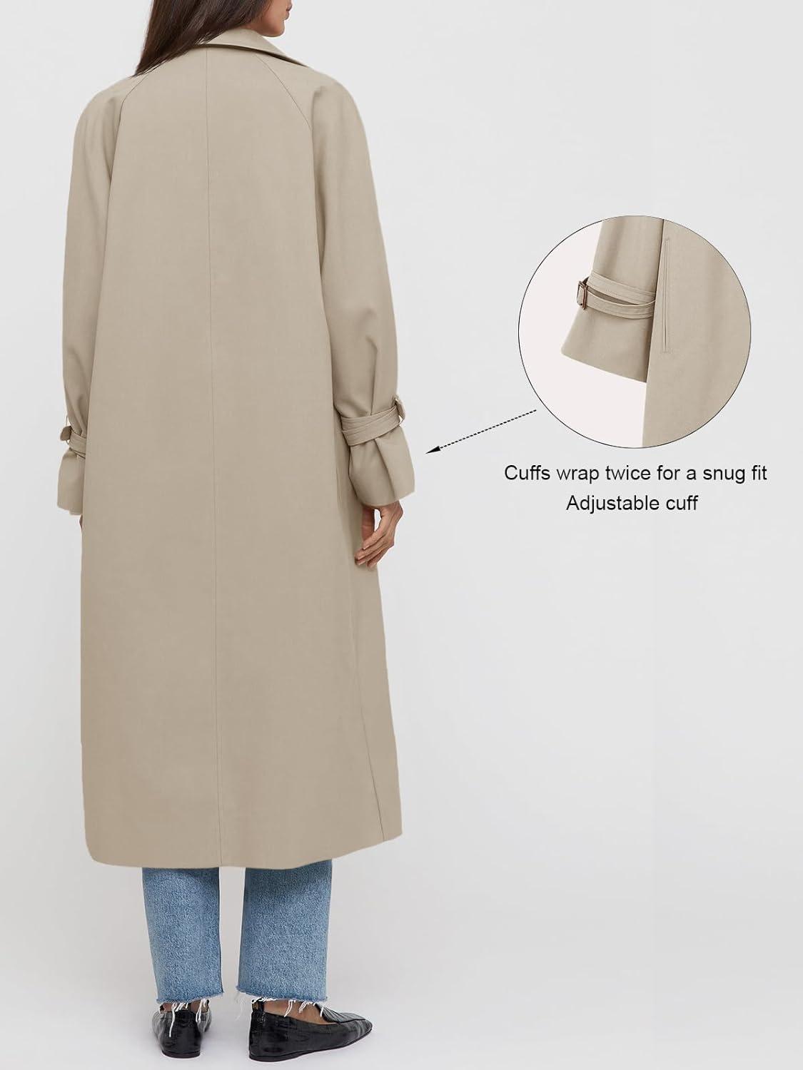 imageTankaneo Womens Long Trench Coat Oversized Double Breasted Windproof Classic Lapel Casual Fall OvercoatLight Khaki