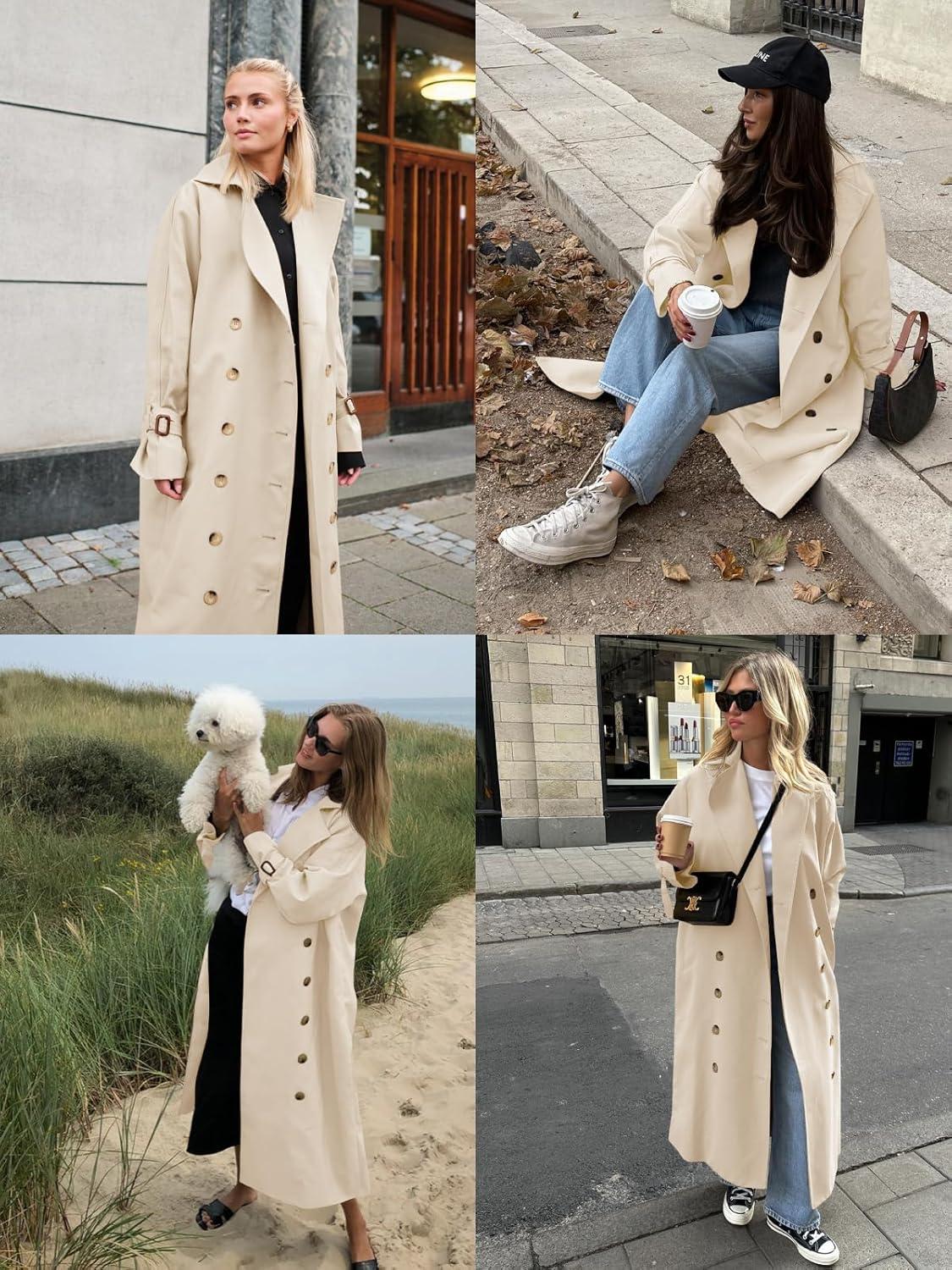 imageTankaneo Womens Long Trench Coat Oversized Double Breasted Windproof Classic Lapel Casual Fall OvercoatOffwhite