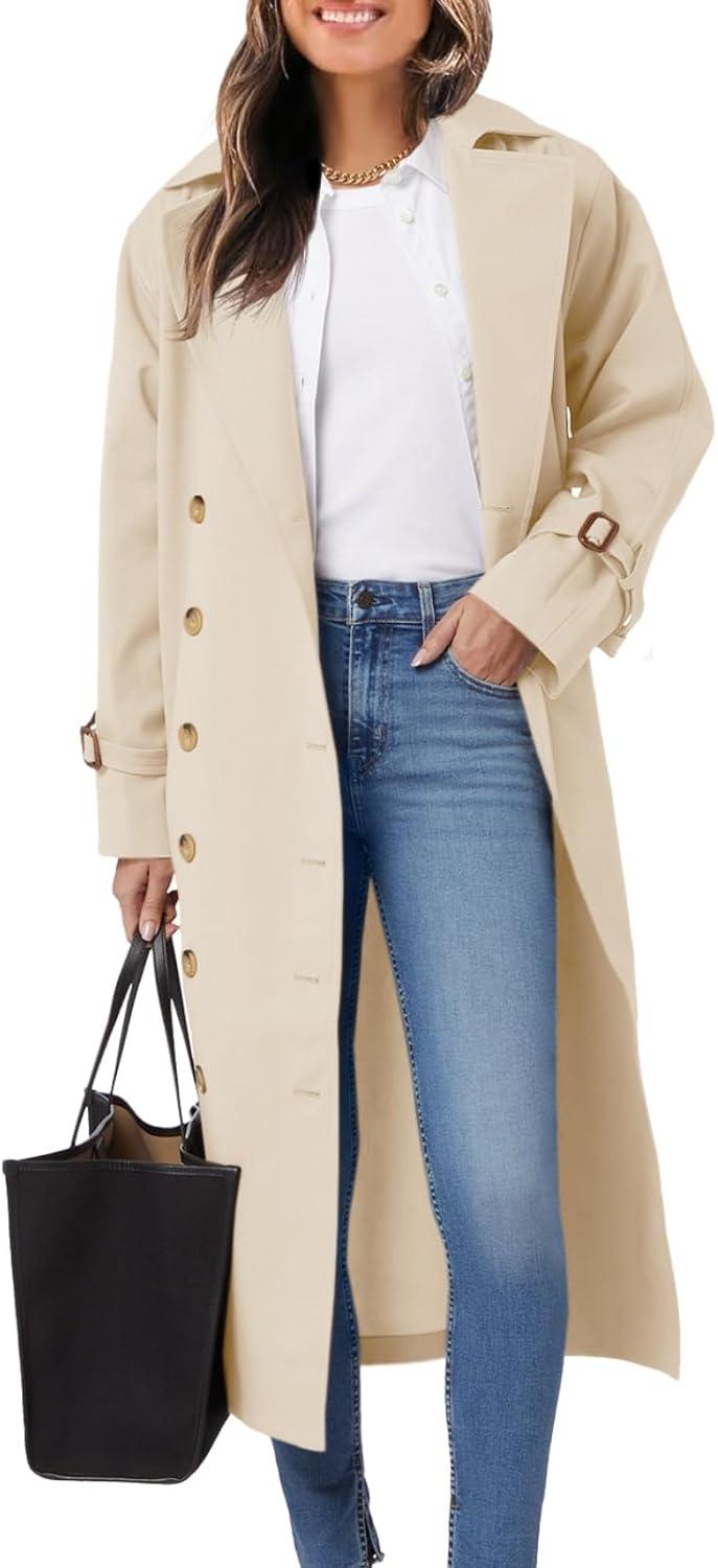 imageTankaneo Womens Long Trench Coat Oversized Double Breasted Windproof Classic Lapel Casual Fall OvercoatOffwhite