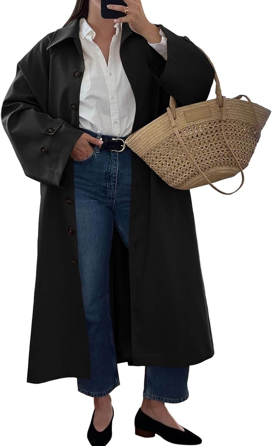 imageTankaneo Womens Long Trench Coat Single Breasted Oversized Windproof Classic Lapel Fall OvercoatBlack