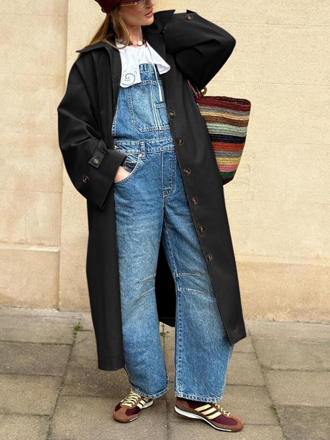 imageTankaneo Womens Long Trench Coat Single Breasted Oversized Windproof Classic Lapel Fall OvercoatBlack