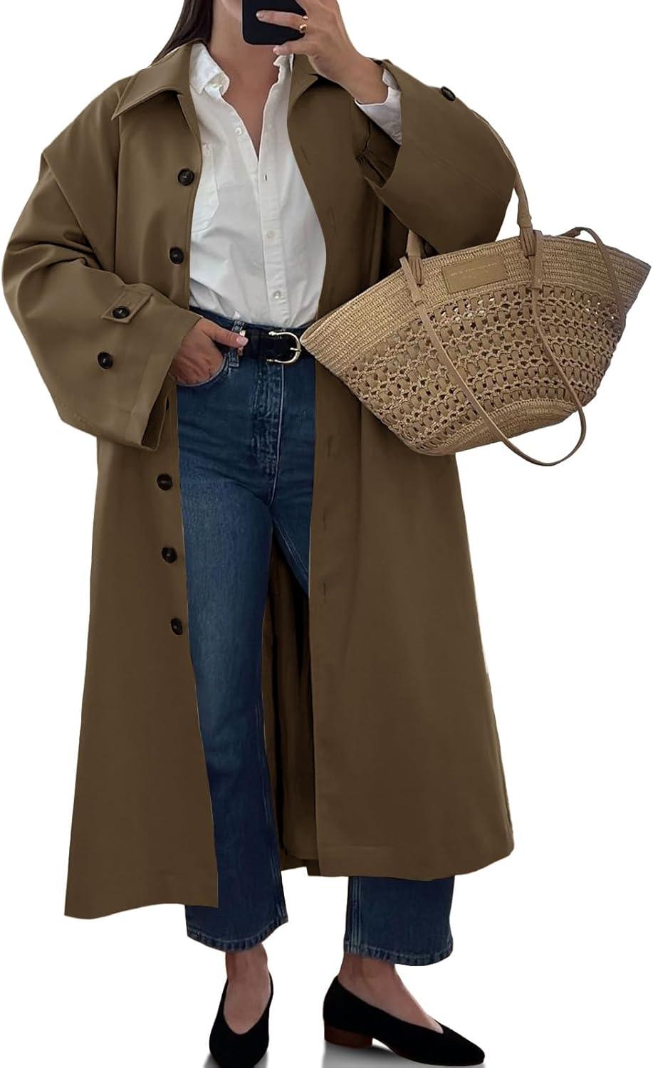 imageTankaneo Womens Long Trench Coat Single Breasted Oversized Windproof Classic Lapel Fall OvercoatBrown