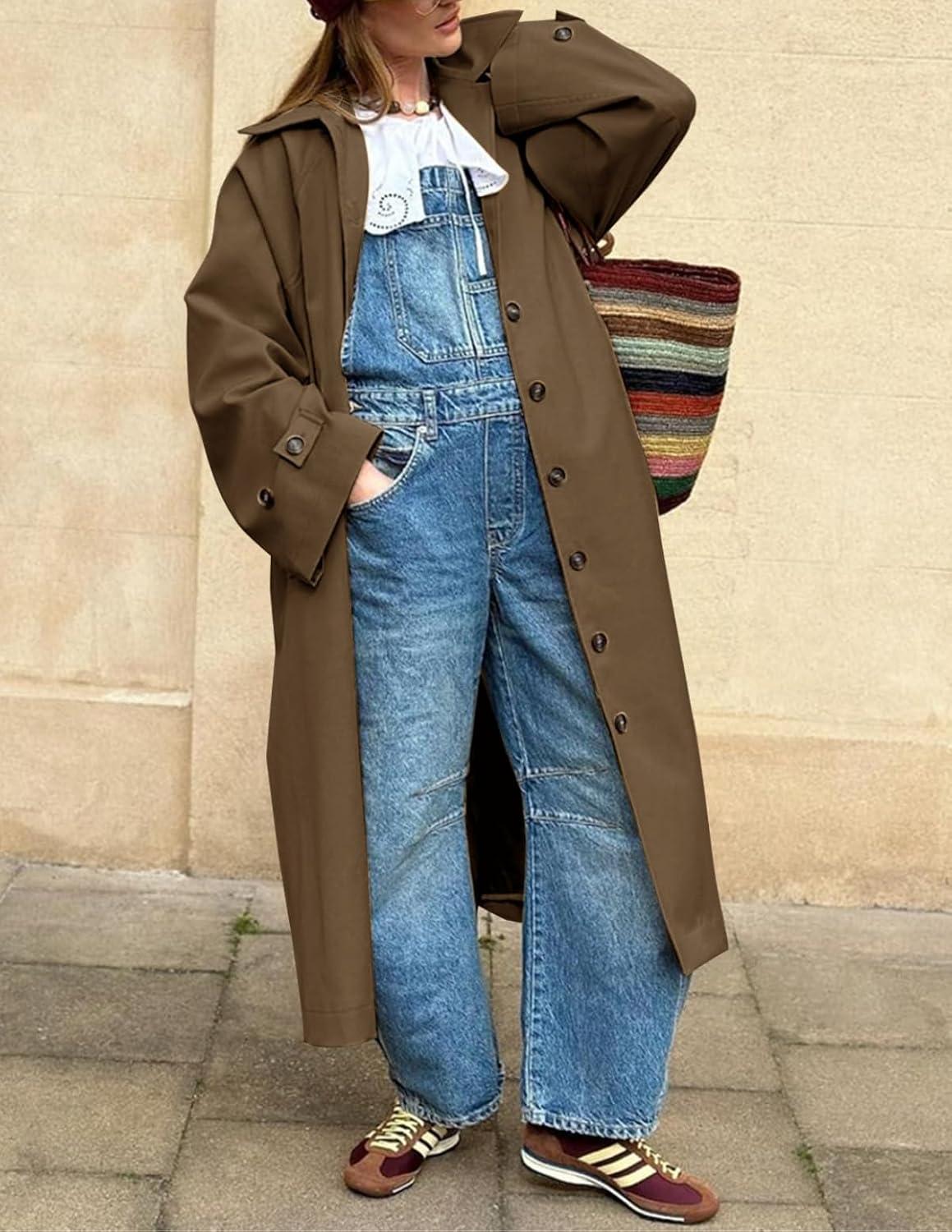 imageTankaneo Womens Long Trench Coat Single Breasted Oversized Windproof Classic Lapel Fall OvercoatBrown