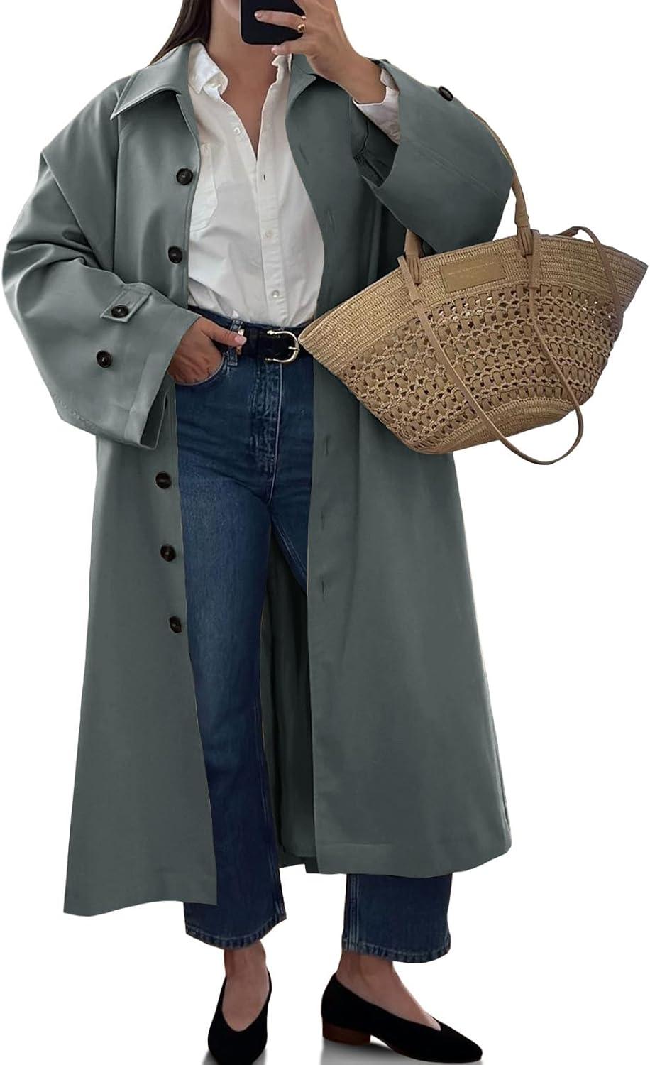 imageTankaneo Womens Long Trench Coat Single Breasted Oversized Windproof Classic Lapel Fall OvercoatGrey