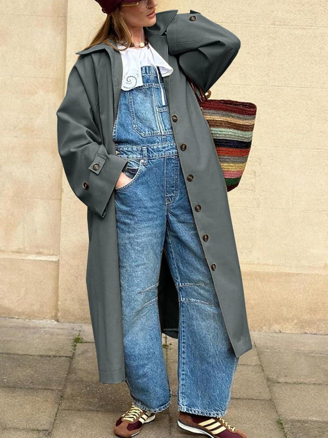 imageTankaneo Womens Long Trench Coat Single Breasted Oversized Windproof Classic Lapel Fall OvercoatGrey