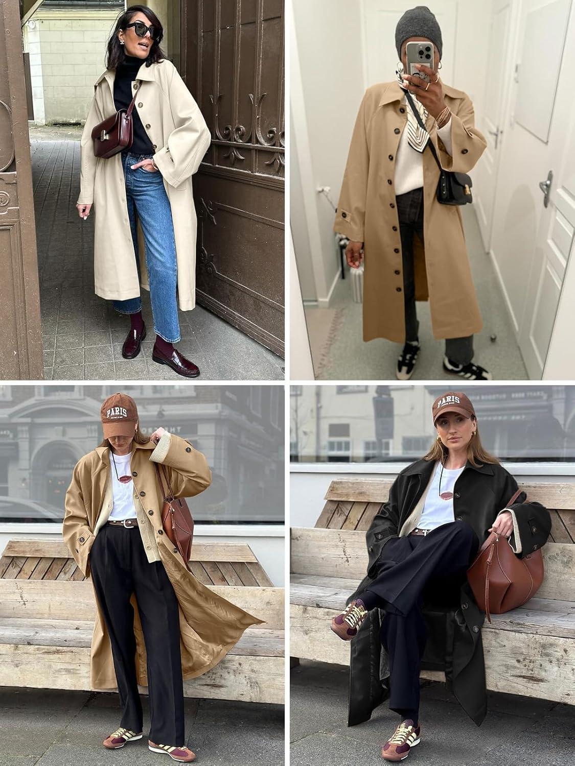 imageTankaneo Womens Long Trench Coat Single Breasted Oversized Windproof Classic Lapel Fall OvercoatKhaki