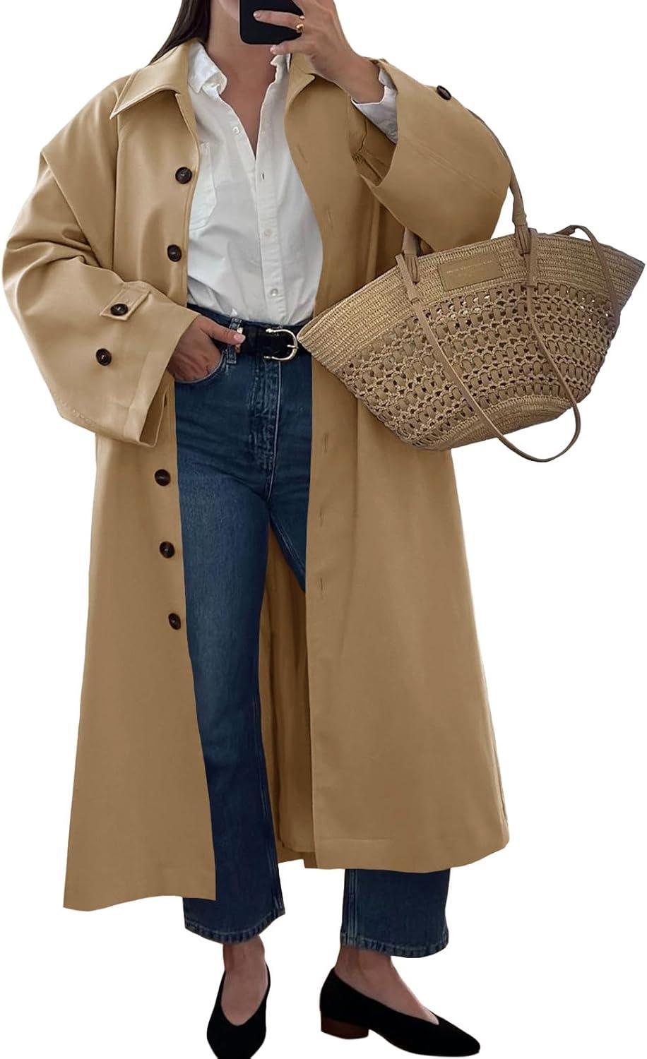 imageTankaneo Womens Long Trench Coat Single Breasted Oversized Windproof Classic Lapel Fall OvercoatKhaki