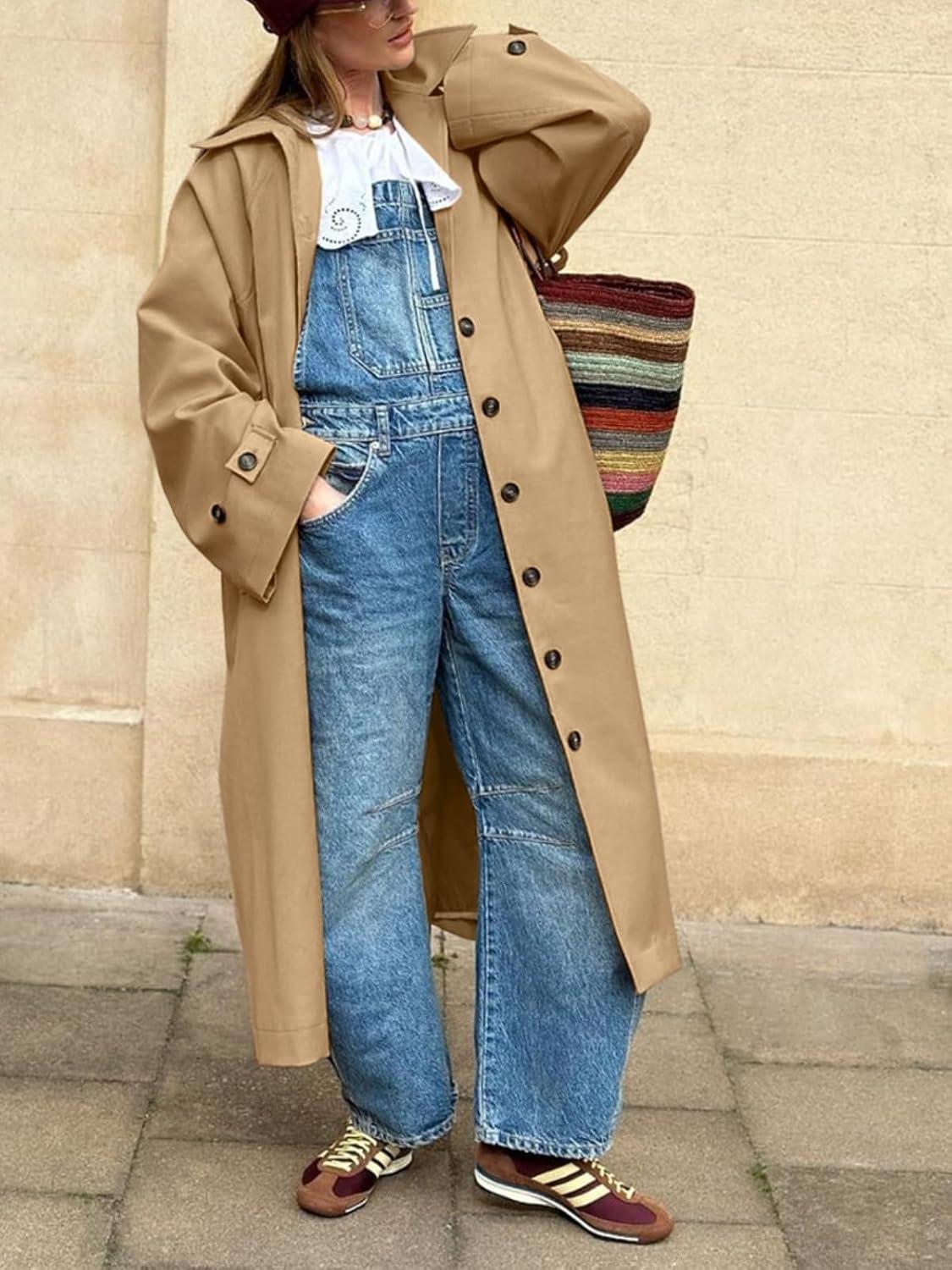 imageTankaneo Womens Long Trench Coat Single Breasted Oversized Windproof Classic Lapel Fall OvercoatKhaki