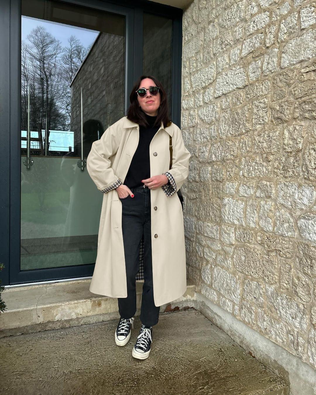 imageTankaneo Womens Long Trench Coat Single Breasted Oversized Windproof Overcoat Fashion OuterwearApricot