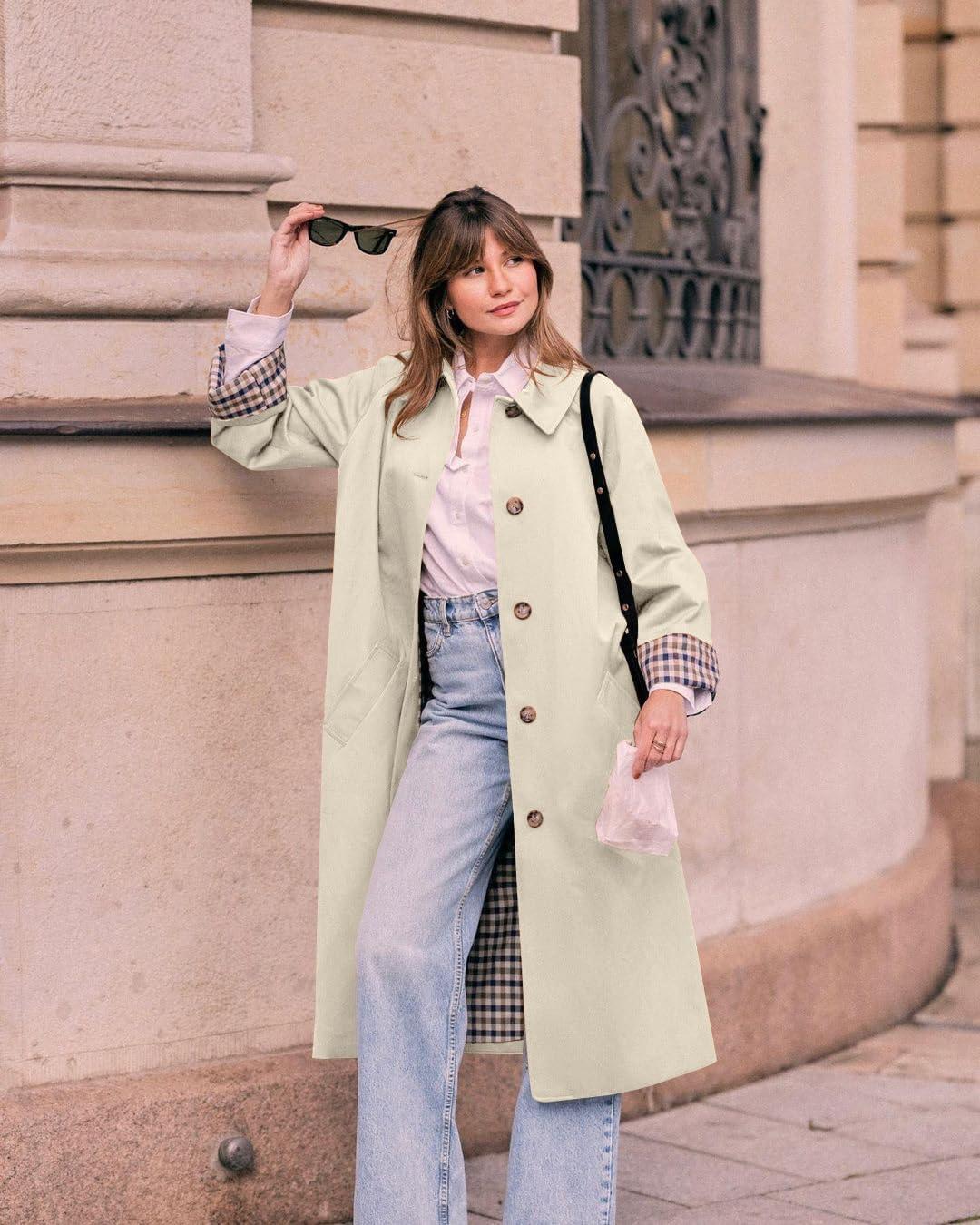 imageTankaneo Womens Long Trench Coat Single Breasted Oversized Windproof Overcoat Fashion OuterwearApricot