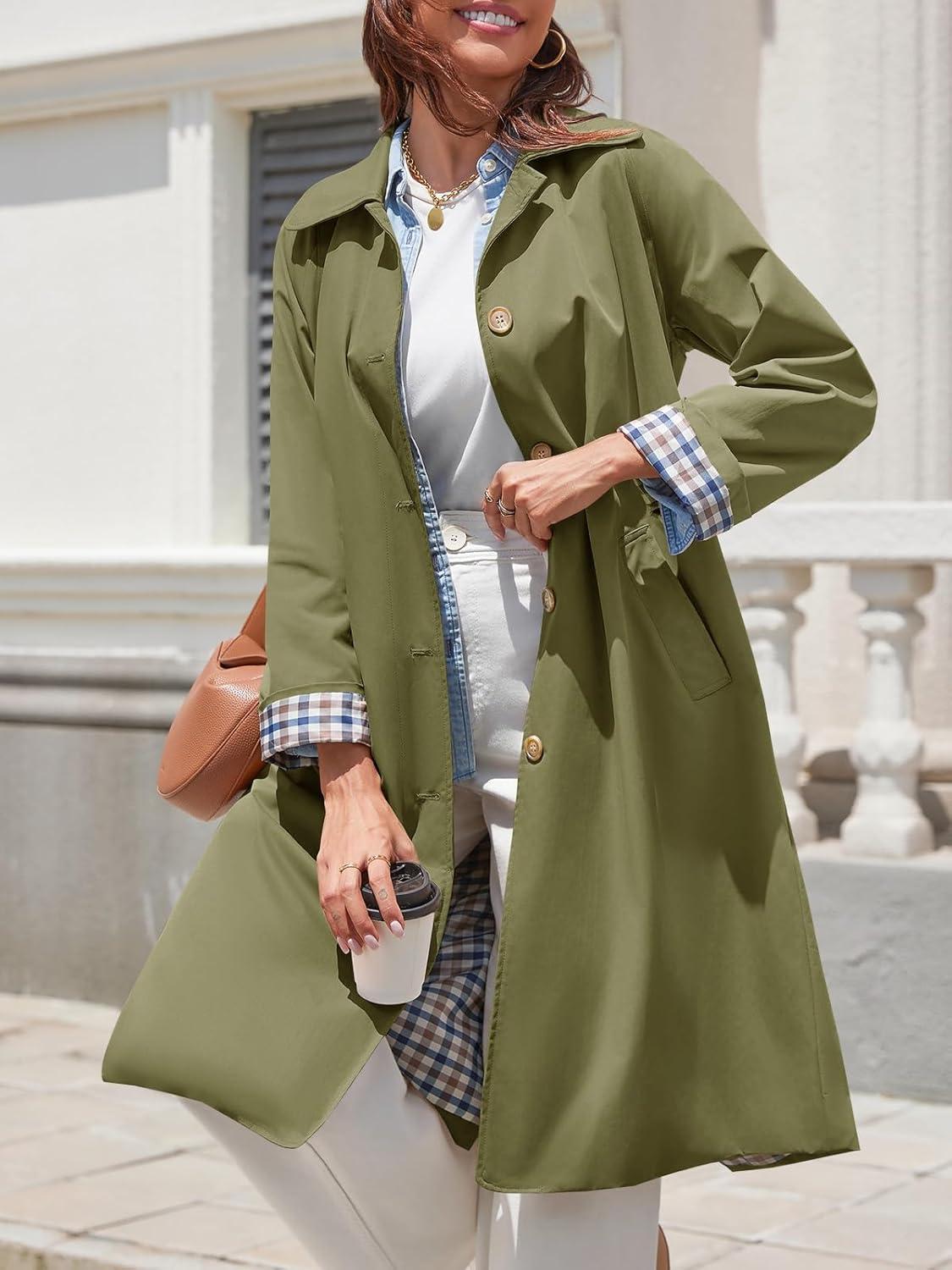 imageTankaneo Womens Long Trench Coat Single Breasted Oversized Windproof Overcoat Fashion OuterwearArmy Green