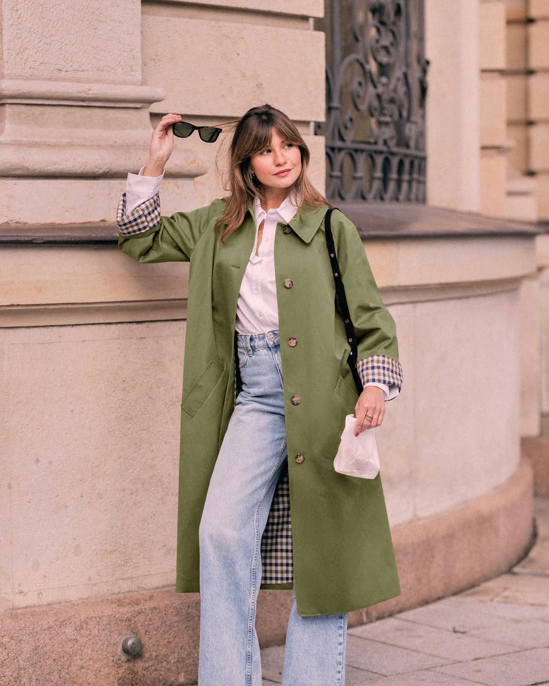 imageTankaneo Womens Long Trench Coat Single Breasted Oversized Windproof Overcoat Fashion OuterwearArmy Green