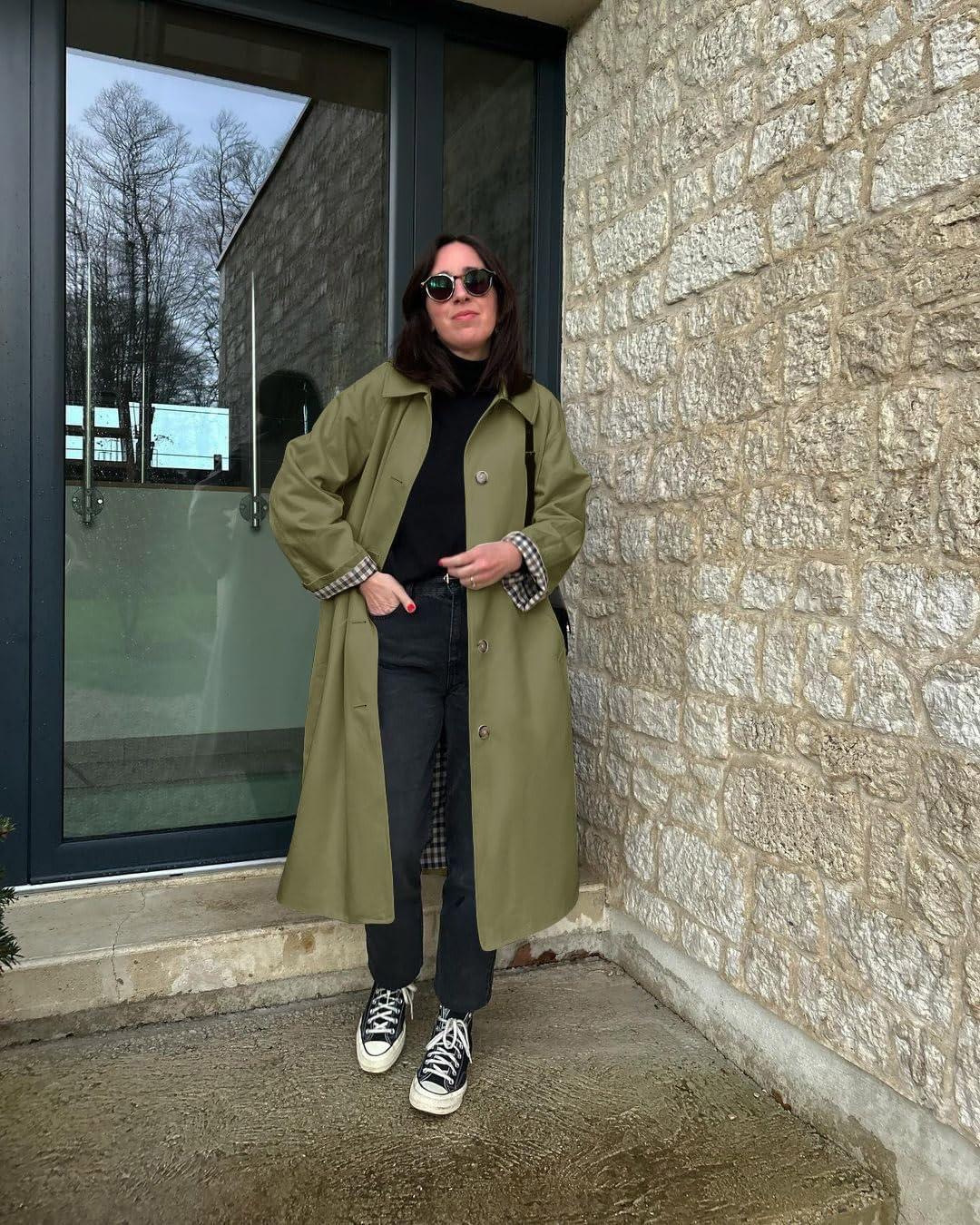 imageTankaneo Womens Long Trench Coat Single Breasted Oversized Windproof Overcoat Fashion OuterwearArmy Green