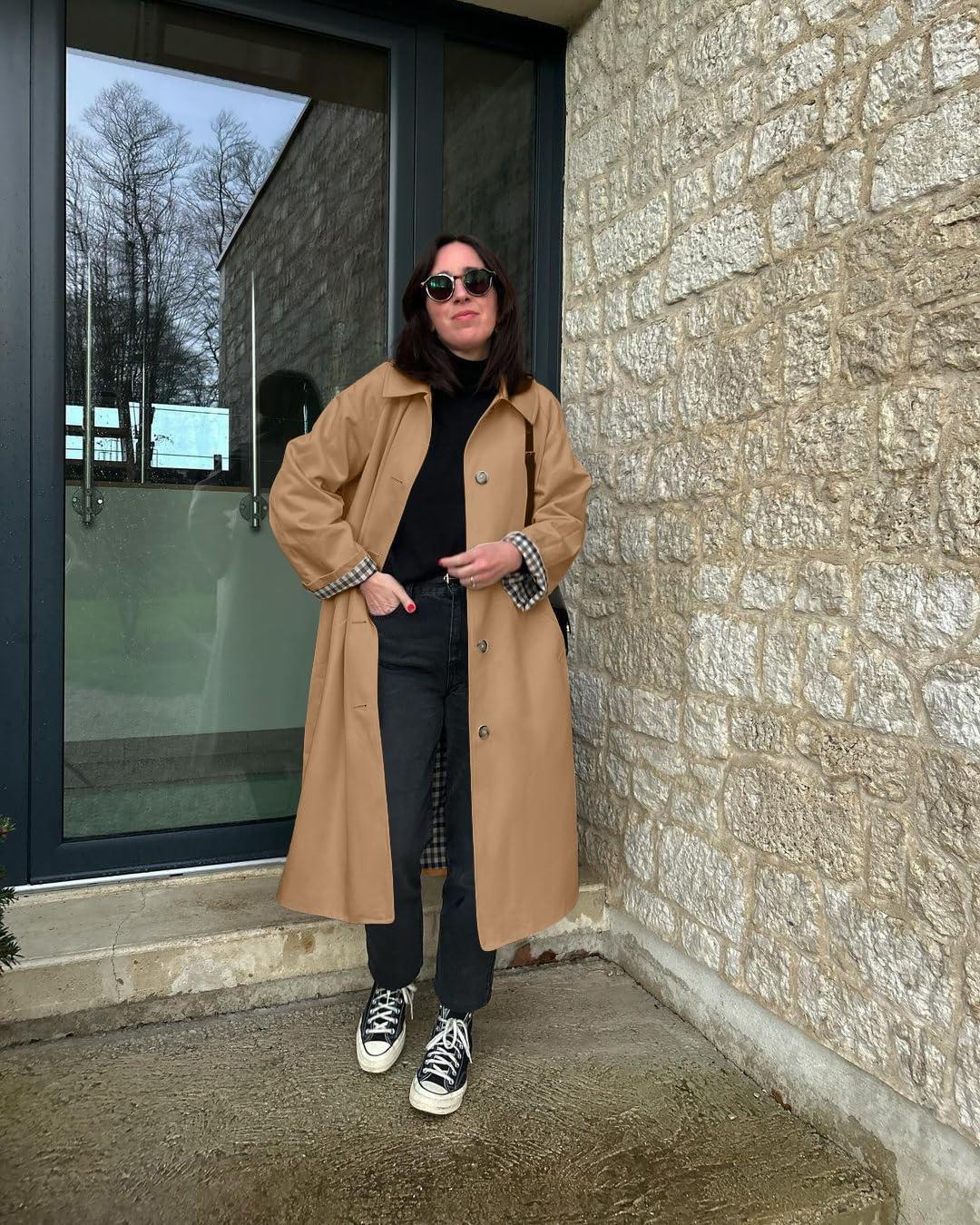 imageTankaneo Womens Long Trench Coat Single Breasted Oversized Windproof Overcoat Fashion OuterwearCamel