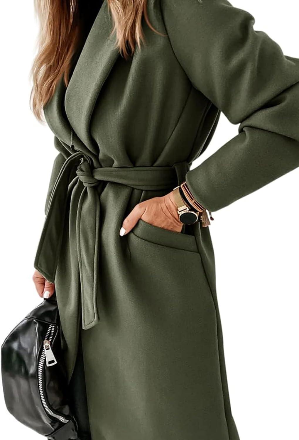 imageTankaneo Womens Notched Lapel Collar Coats Open Front Long Jackets Overcoat with BeltArmy Green