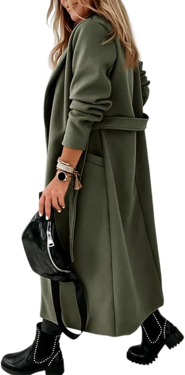 imageTankaneo Womens Notched Lapel Collar Coats Open Front Long Jackets Overcoat with BeltArmy Green