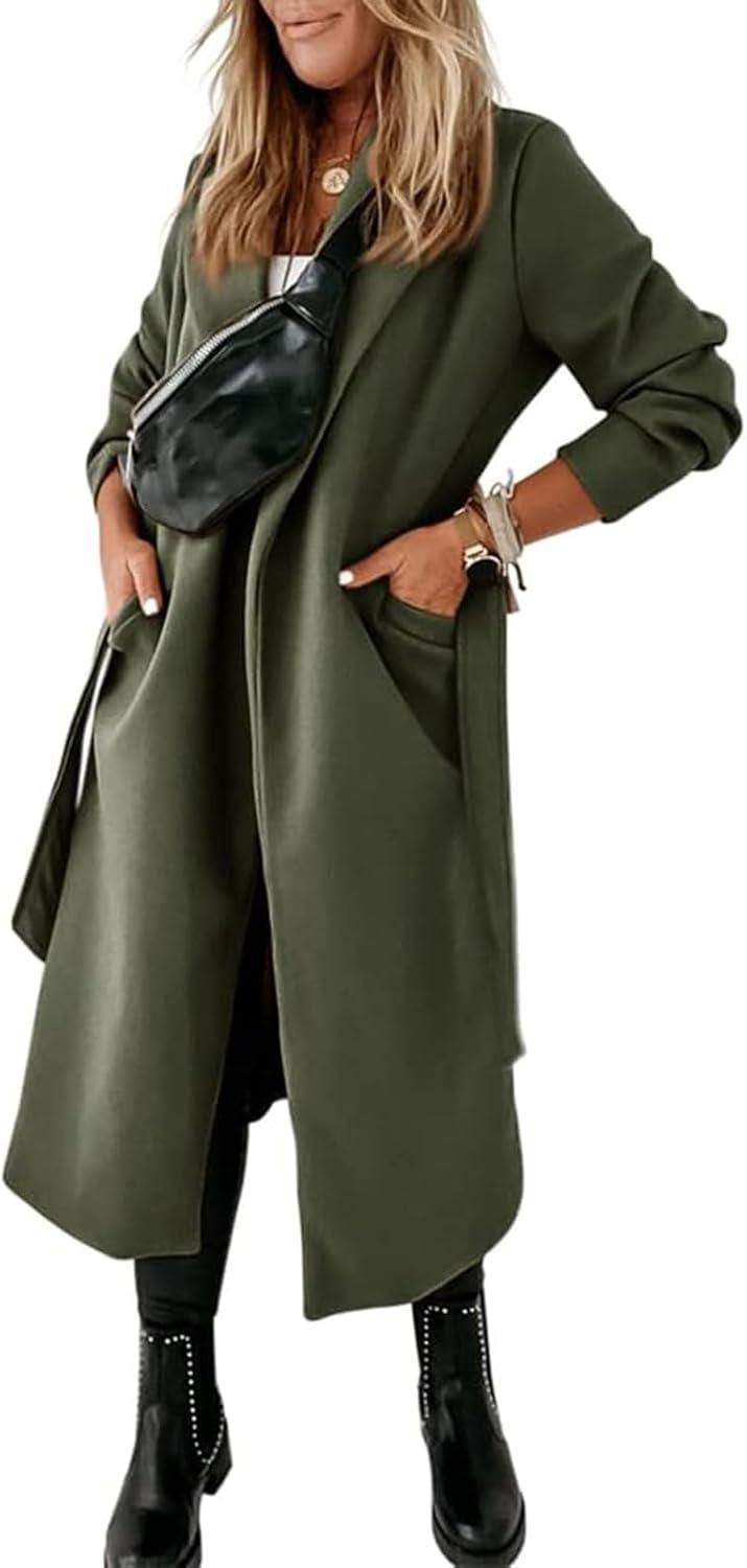imageTankaneo Womens Notched Lapel Collar Coats Open Front Long Jackets Overcoat with BeltArmy Green