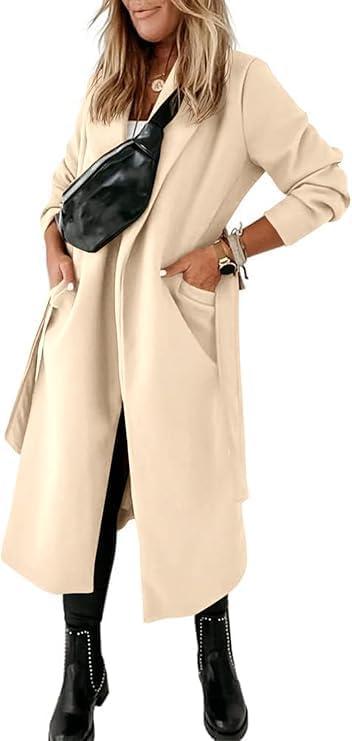 imageTankaneo Womens Notched Lapel Collar Coats Open Front Long Jackets Overcoat with BeltBeige
