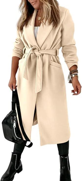 imageTankaneo Womens Notched Lapel Collar Coats Open Front Long Jackets Overcoat with BeltBeige