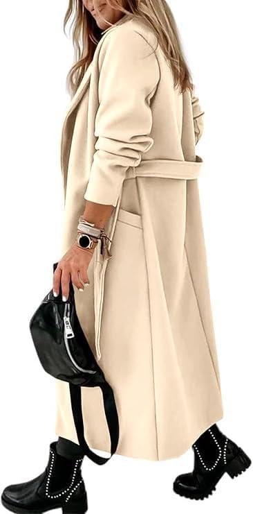 imageTankaneo Womens Notched Lapel Collar Coats Open Front Long Jackets Overcoat with BeltBeige