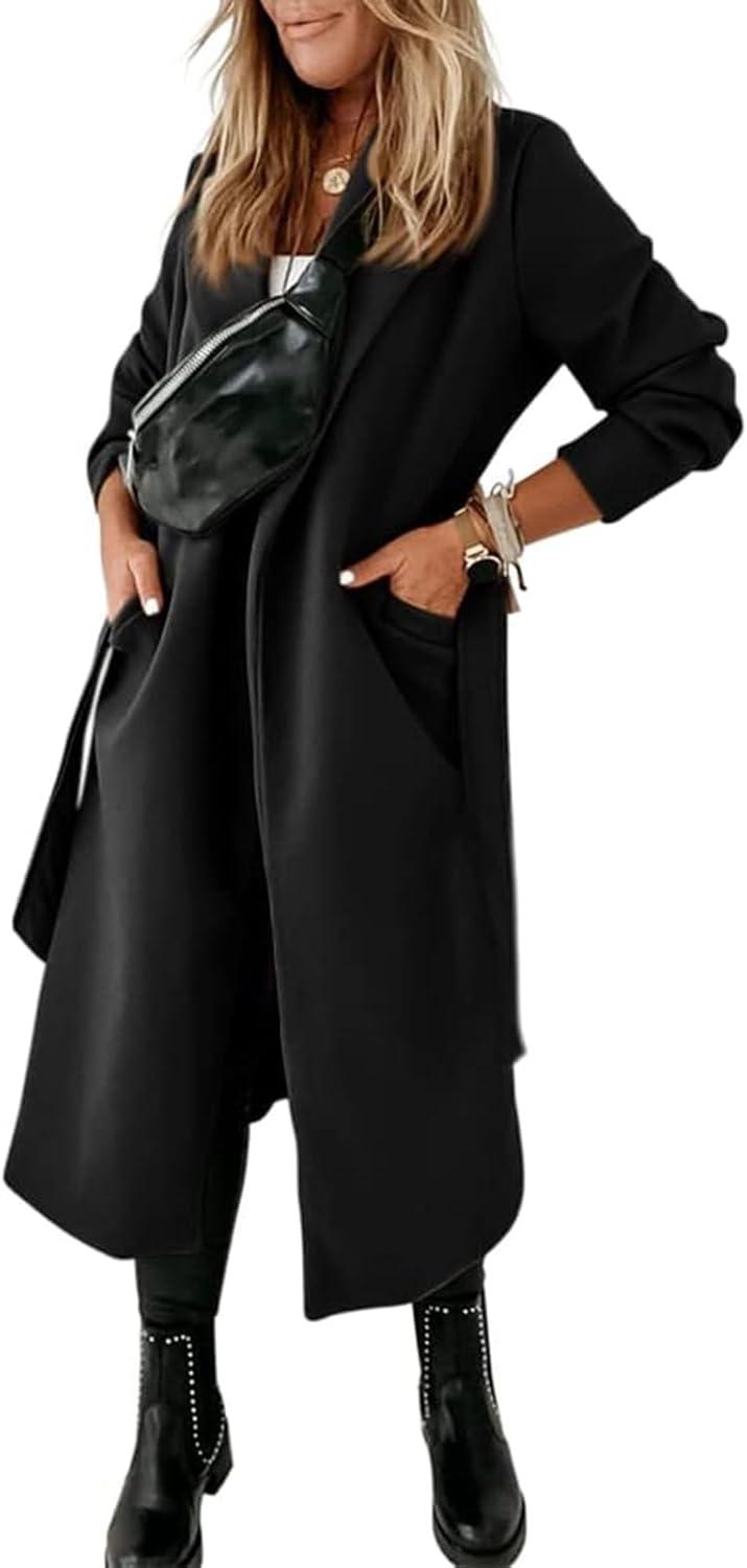 imageTankaneo Womens Notched Lapel Collar Coats Open Front Long Jackets Overcoat with BeltBlack
