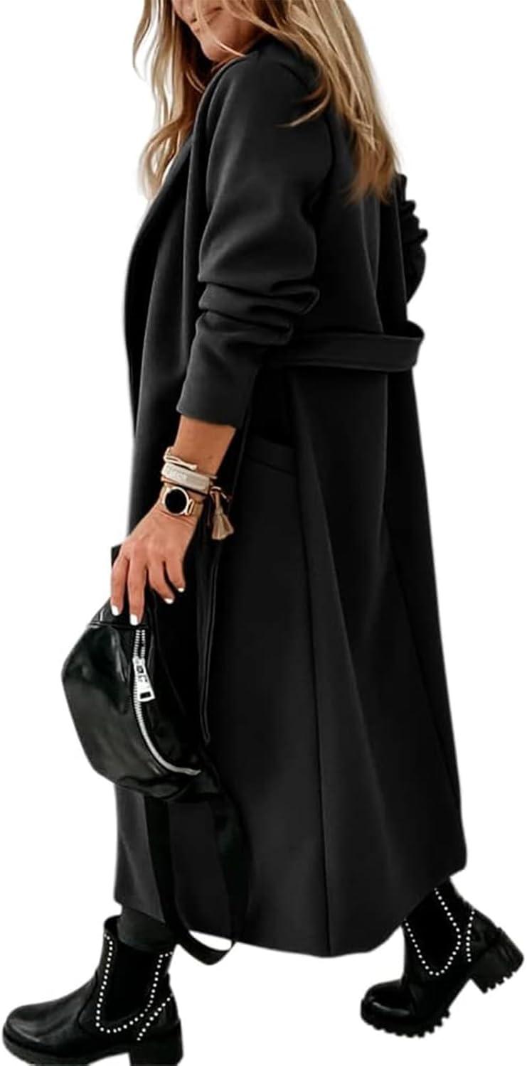 imageTankaneo Womens Notched Lapel Collar Coats Open Front Long Jackets Overcoat with BeltBlack