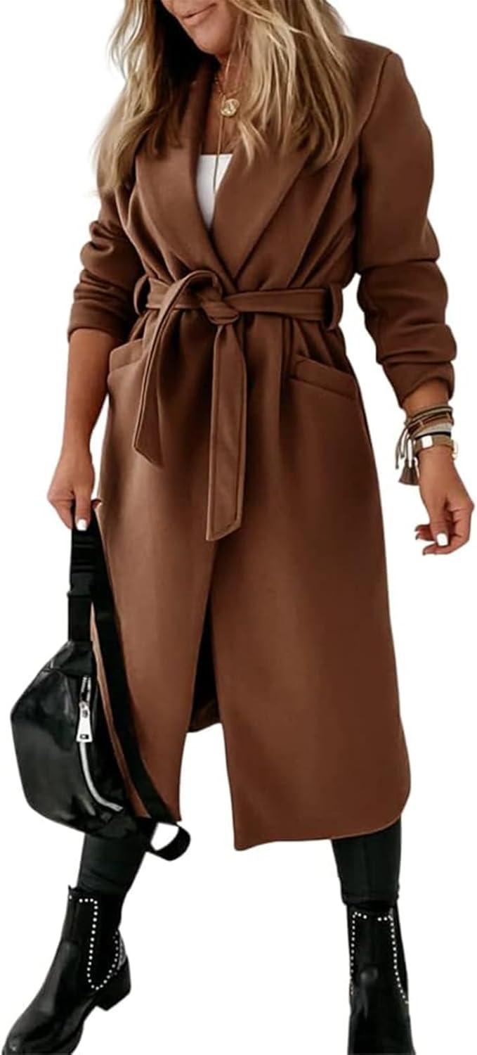 imageTankaneo Womens Notched Lapel Collar Coats Open Front Long Jackets Overcoat with BeltBrown