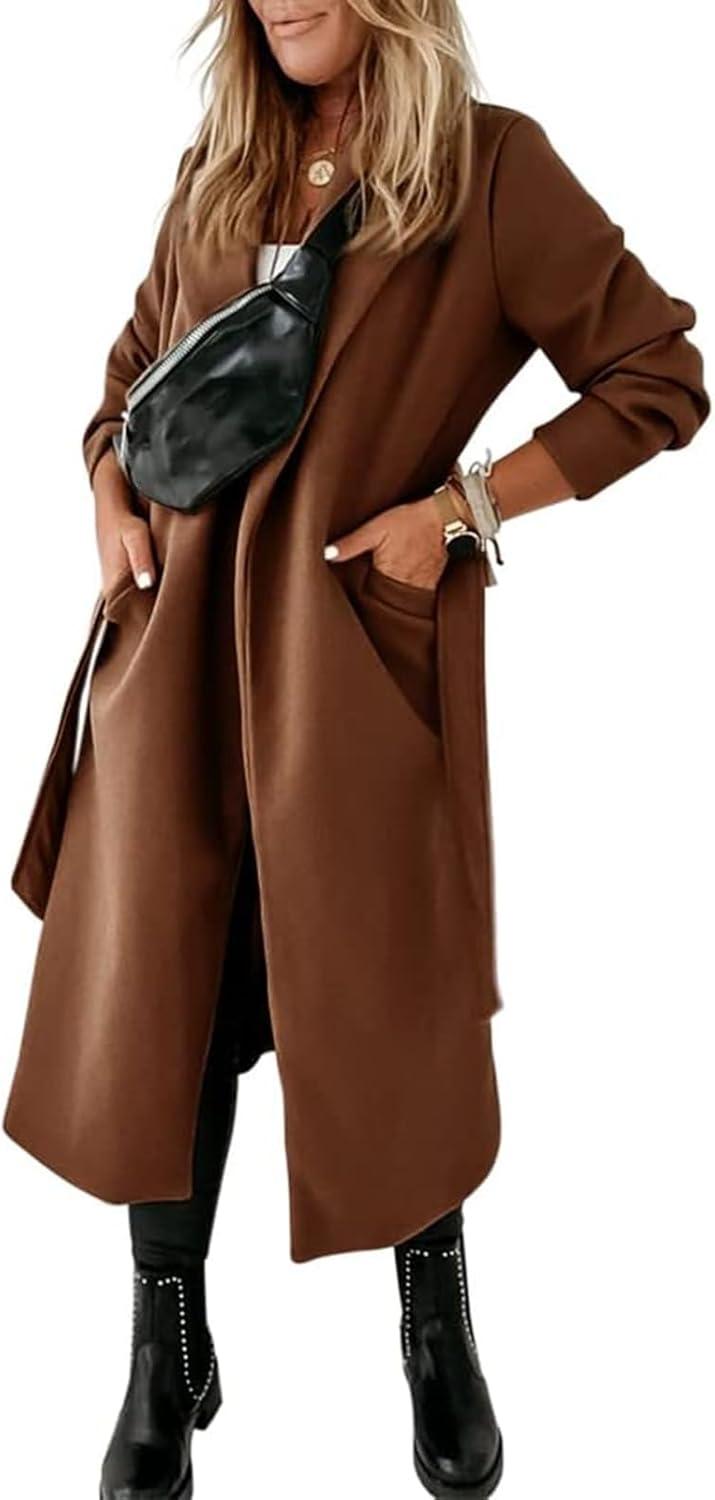imageTankaneo Womens Notched Lapel Collar Coats Open Front Long Jackets Overcoat with BeltBrown